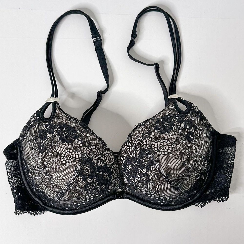 Victoria's Secret Sexy Little Things Push-up Bra 34C Black Lace Rhinestones